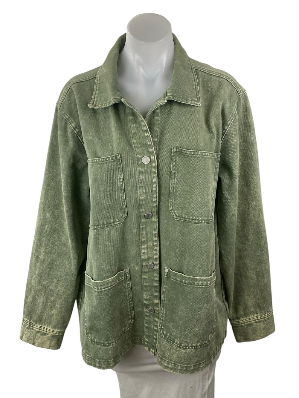 Blank NYC Garment Dye Acid Wash Twill Women's Green Shirt Utility Coat Jacket L